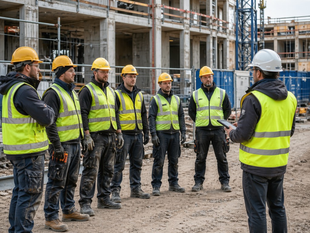 Ehitusmeeskond tehnilise plaani juures objektil.